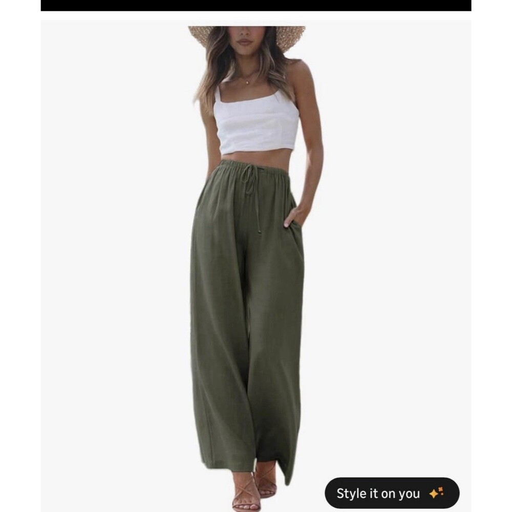Women’s Olive Green Wide-Leg Palazzo Pants Drawstring Elastic Waist Size Medium